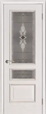 Двери шпон Вена витраж Белая патина